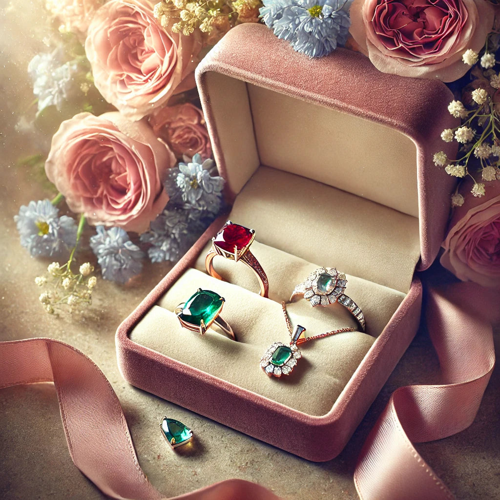 rings and necklace with colorful gemstones in gift box